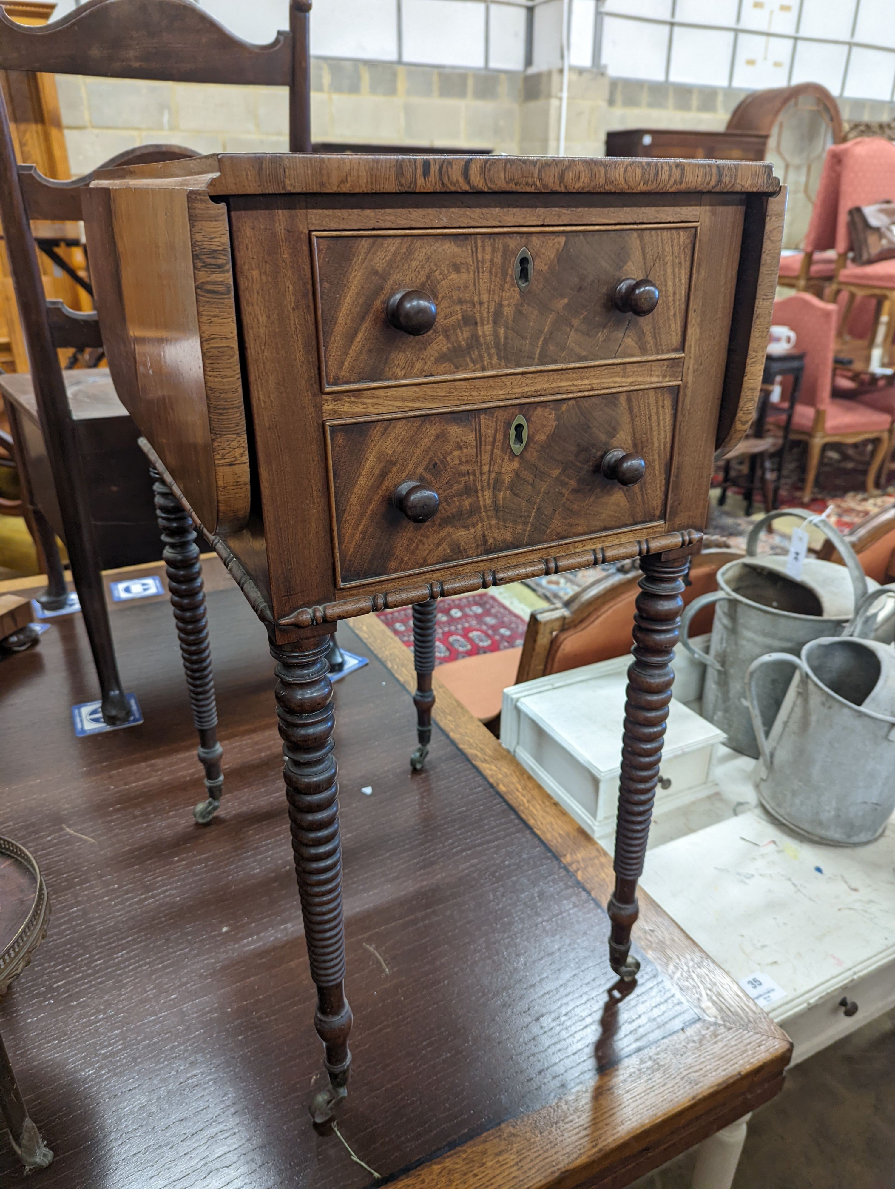 A Regency mahogany drop flap work table, width 38cm, depth 50cm, height 74cm